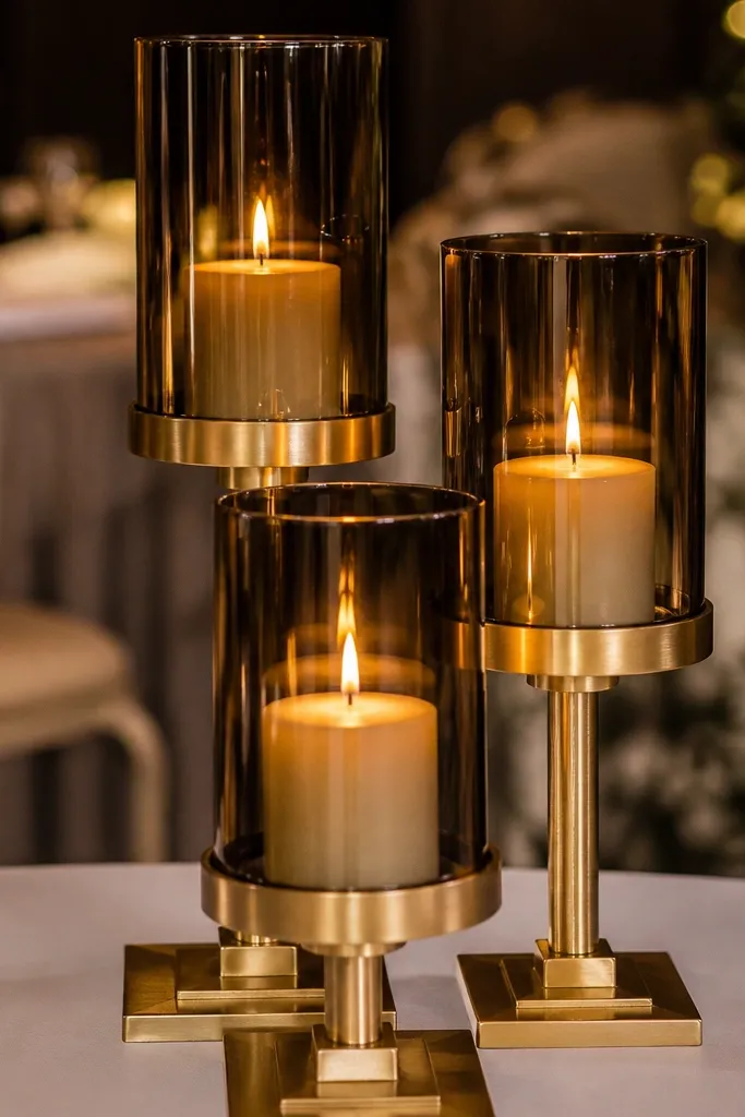 Tall brass candleholders with smoked glass sleeves on a wedding gift table