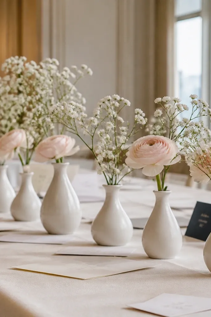 Small white ceramic bud vases lined up on a wedding gift table