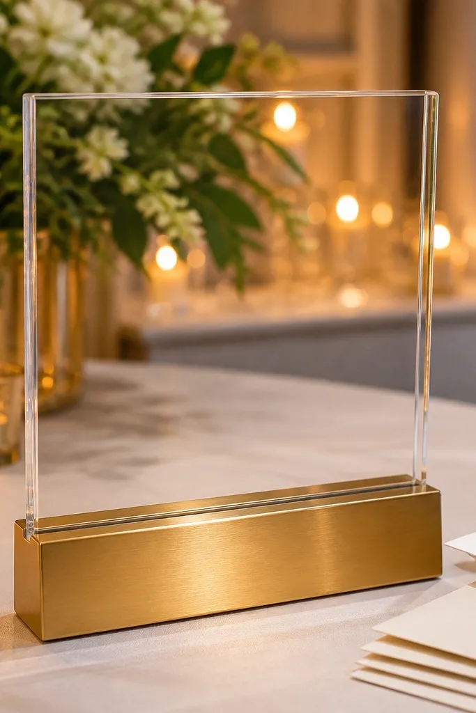 Clear acrylic card holder with a gold base on a wedding gift table