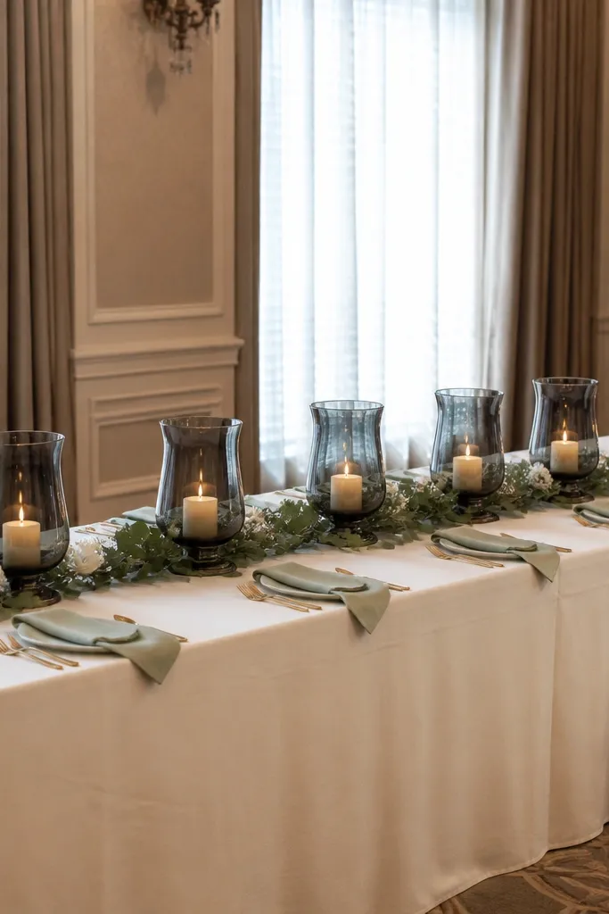 Votive candles in smoked hurricane glasses lined on a wedding gift table