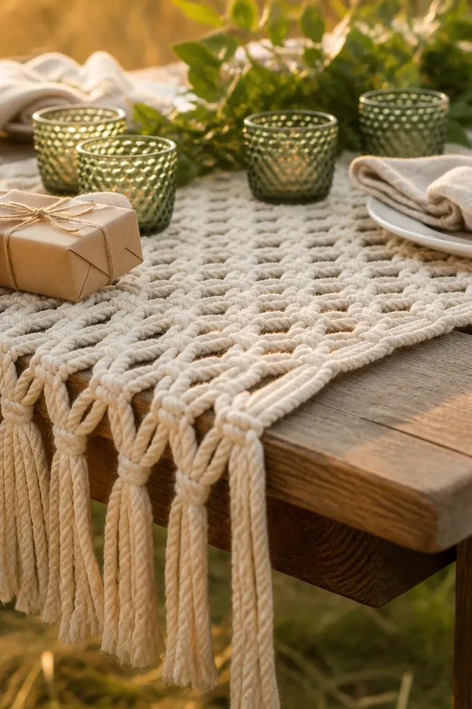 Ivory macrame runner with tassels on a wedding gift table