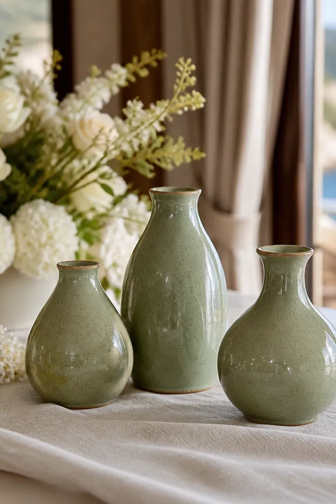 Sage-green glazed ceramic bud vases with slight color variation on a wedding gift table
