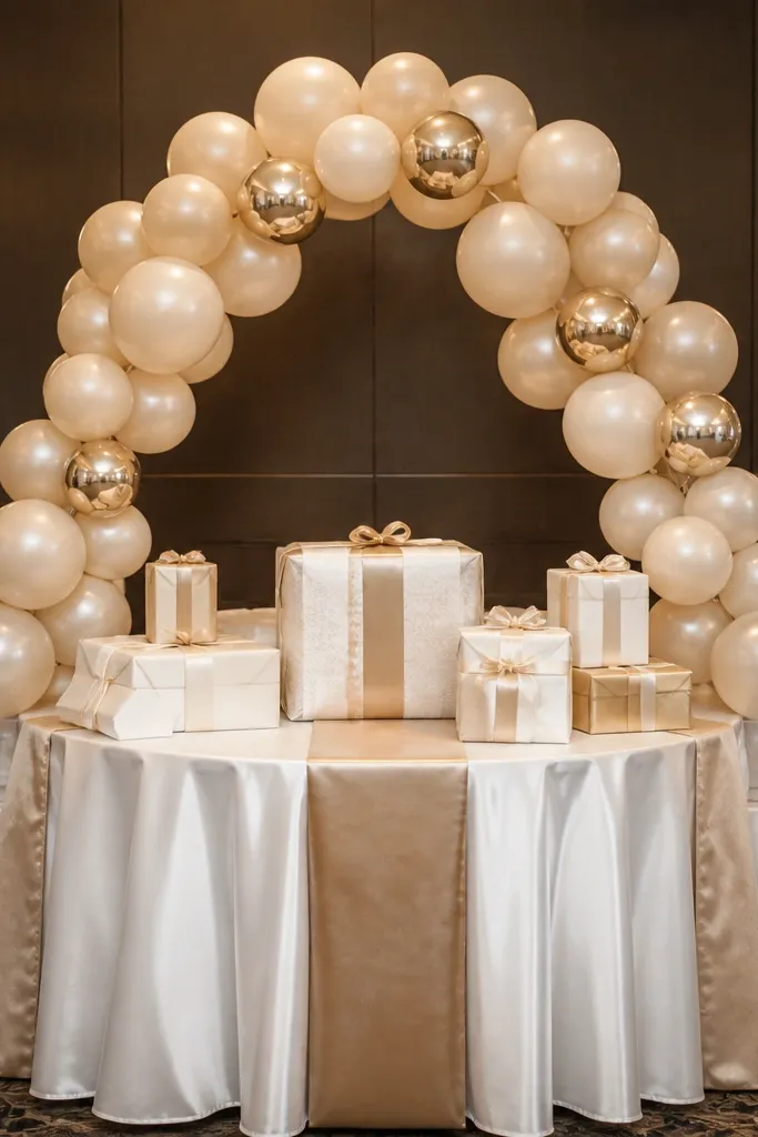 Small champagne and gold balloon backdrop behind a wedding gift table