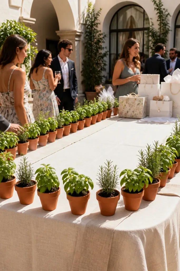Small potted herbs lined along the edge of a wedding gift table