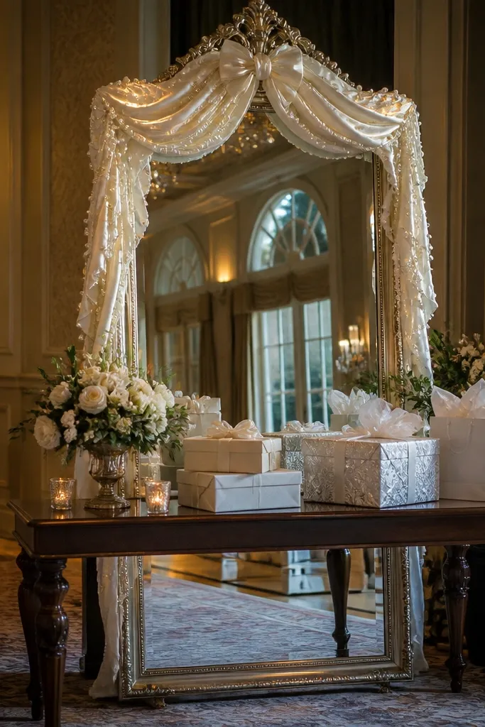 Tall mirror stand draped with ivory ribbon and pearl accents on a wedding gift table