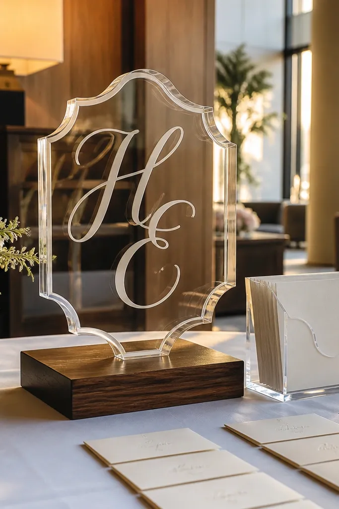 Monogram acrylic sign with gift instructions on a wedding gift table
