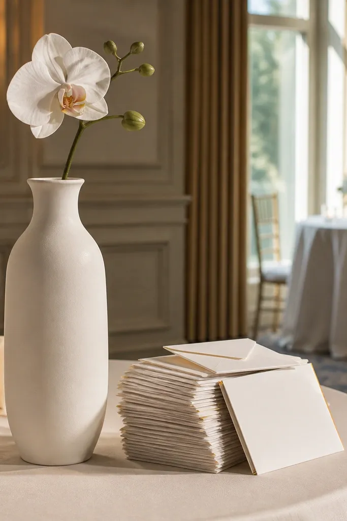 White orchids in a tall matte vase on a wedding gift table