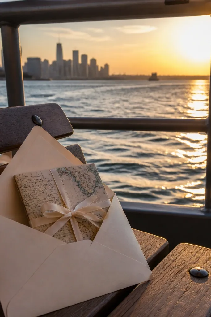 Two small map sleeves with ribbon on a ferry seat at sunset, city lights ahead