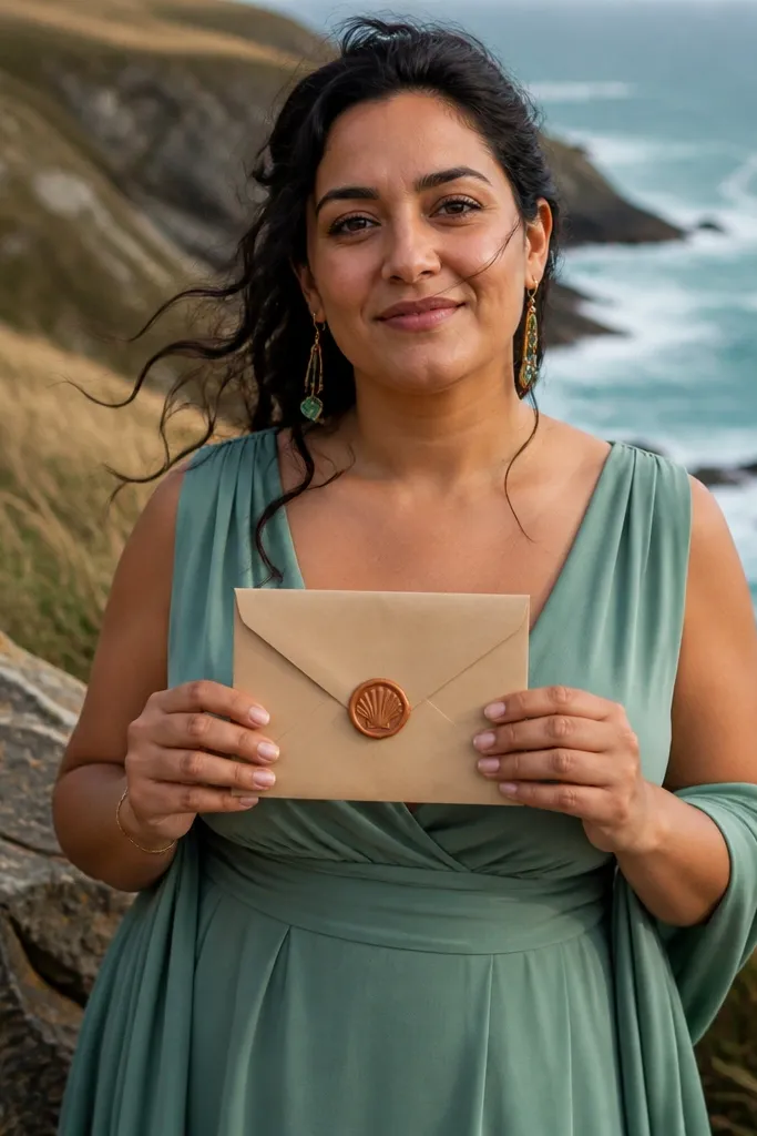 A kraft envelope with a seashell stamp on a rocky coastline under open sky