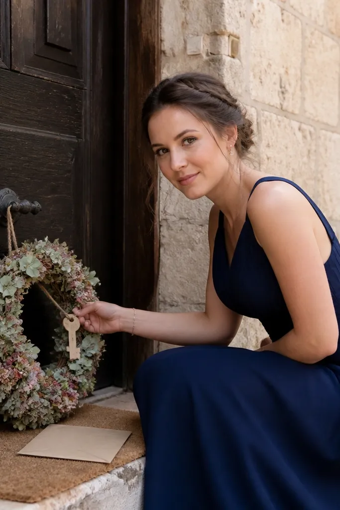 A small wreath hanging from a door with a key tag and proposal card