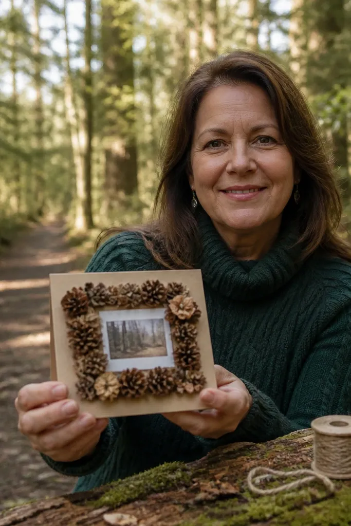 A pinecone-themed card open on a forest bench with a small frame inside