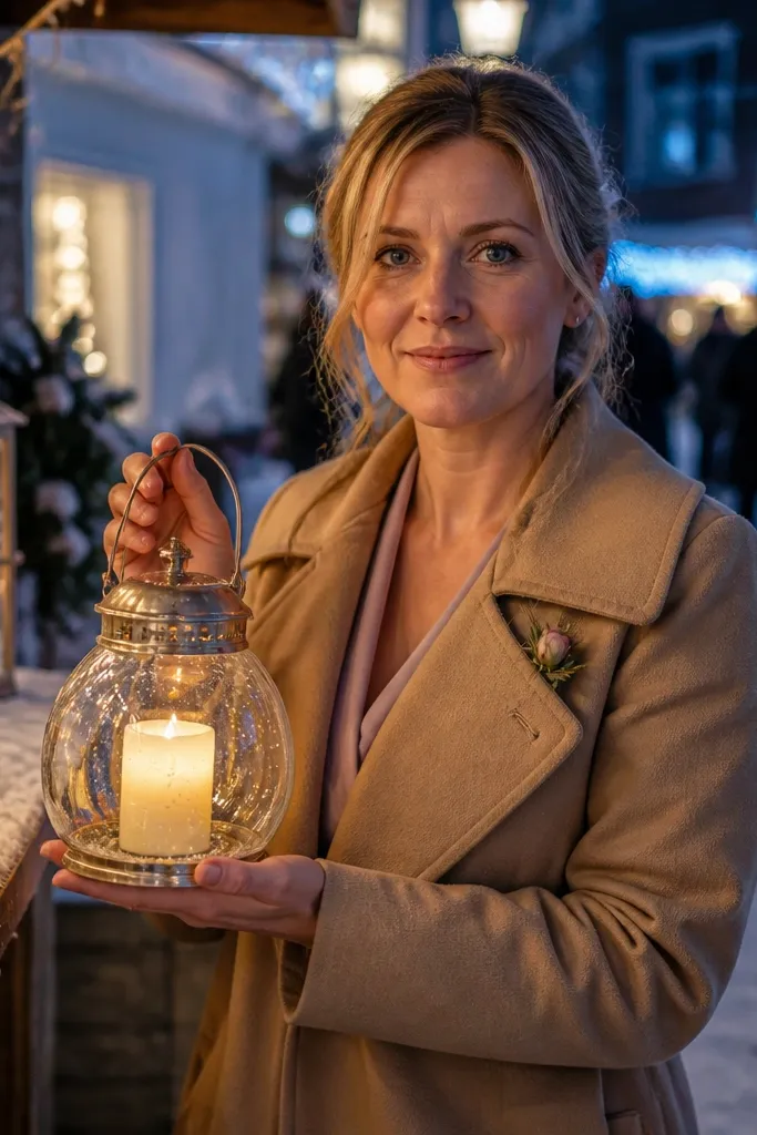 A glass lantern with a lit candle and a card inside on a snowy market street