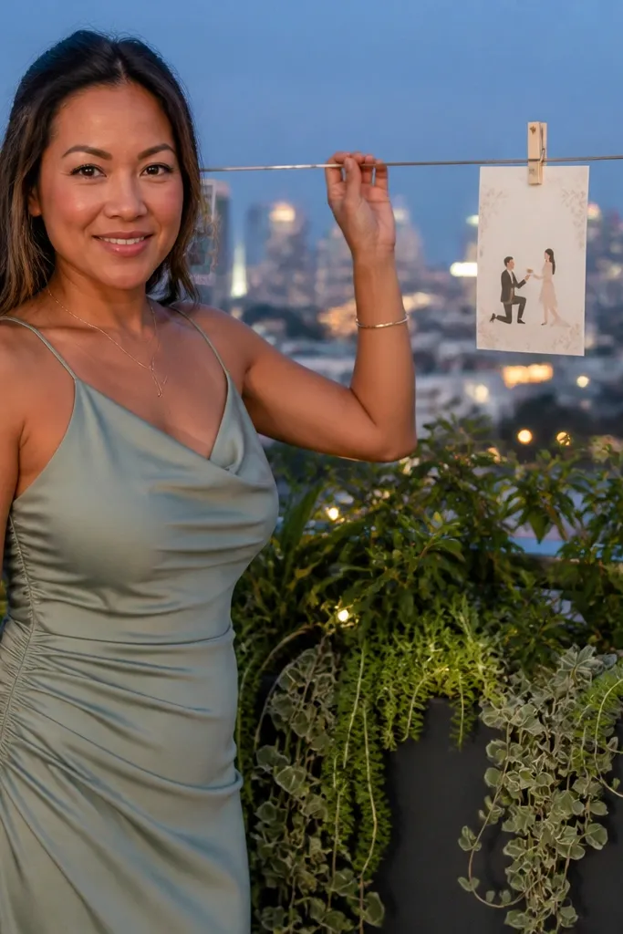 A small rooftop garden with a hanging string of photos and a proposal card clipped on