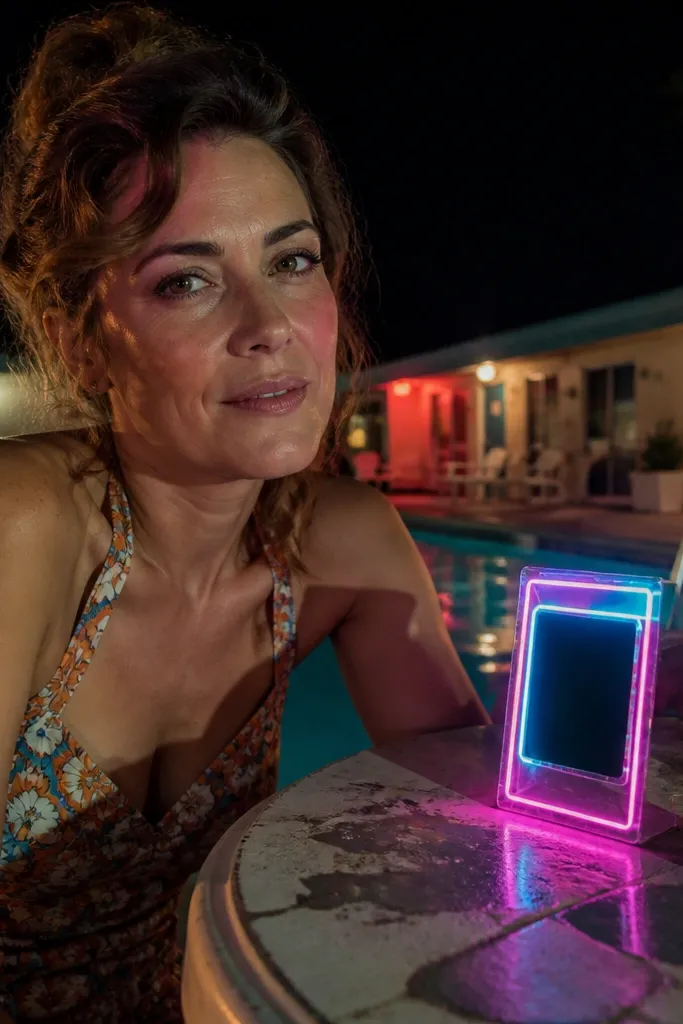 A neon-style sign card sleeve on a motel pool chair at golden hour