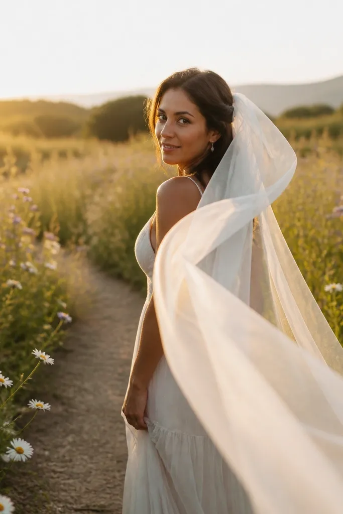 Couple walking through a wildflower field with a flowing veil