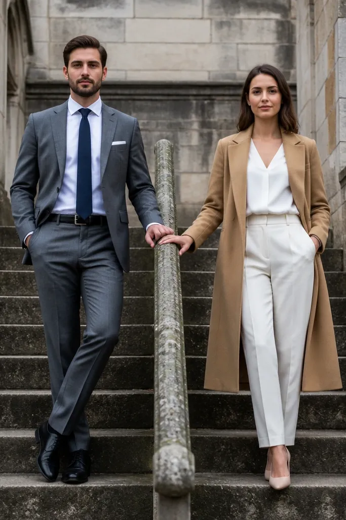 Couple standing on stone steps holding a railing in matching positions