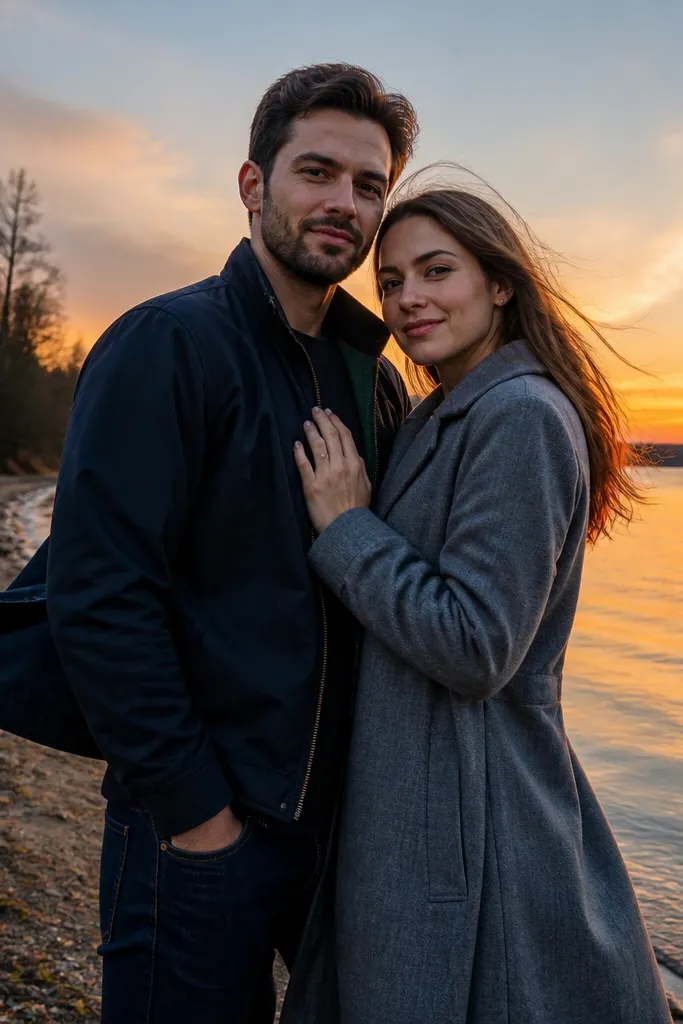 Couple by a lake at sunset with a jacket sleeve lifted by wind