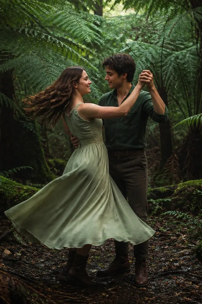 Couple in a green forest with ferns and a slow turning pose