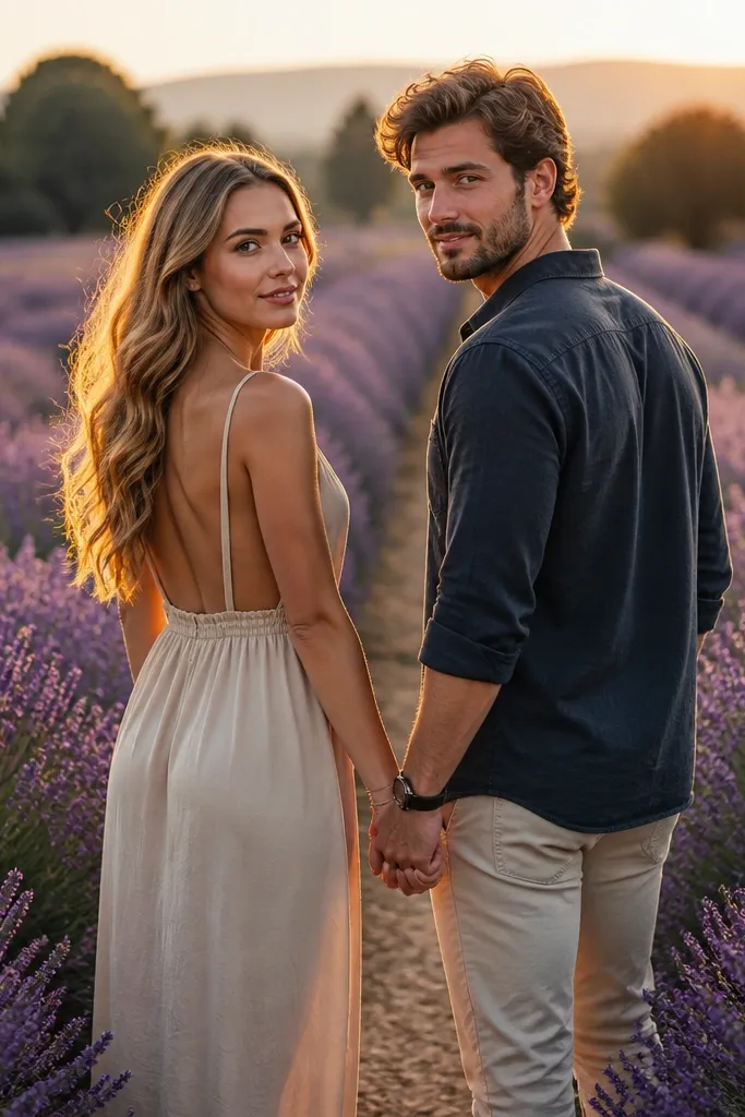 Couple walking between lavender rows with a brief pause facing camera