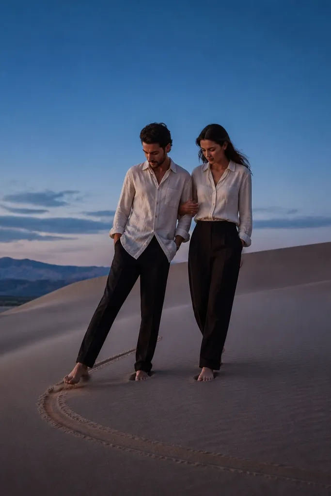 Couple on desert dunes with one person dragging toes through sand