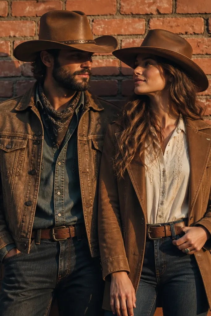 Couple in front of an old brick wall wearing brim hats with soft shadows
