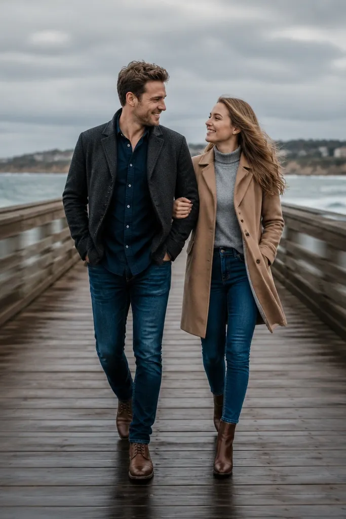 Couple walking on a pier with a railing in soft blur behind them