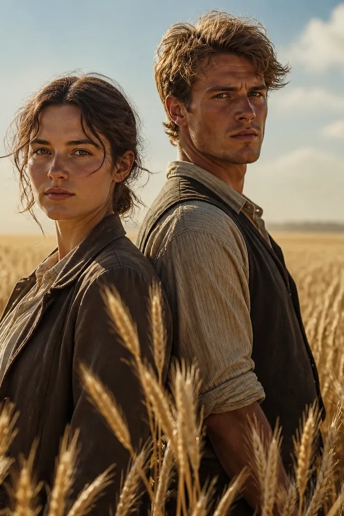 Couple in a wheat field with a one-step turn and tall stalks framing them