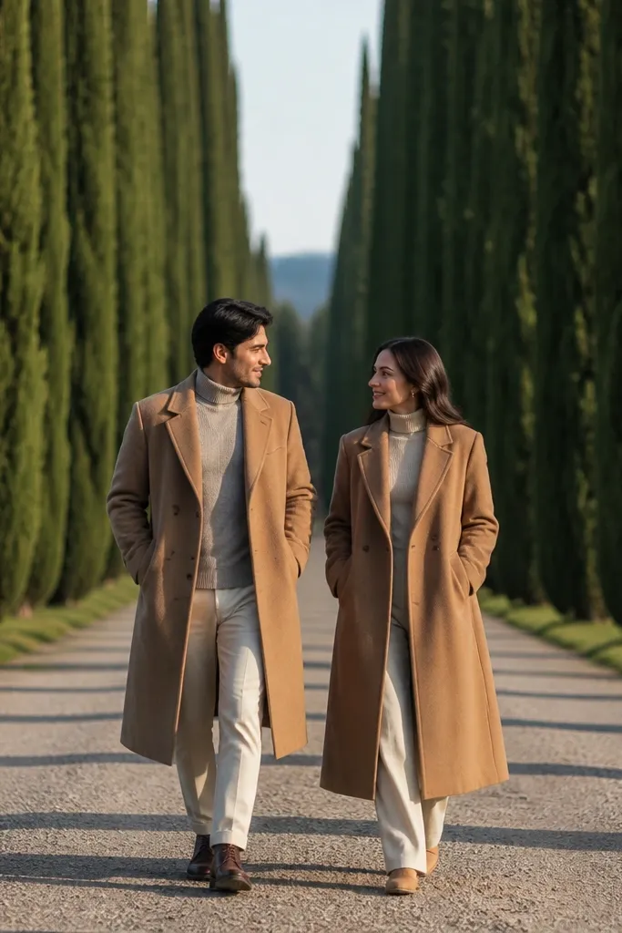 Couple walking down a cypress tree lane wearing long matching coats