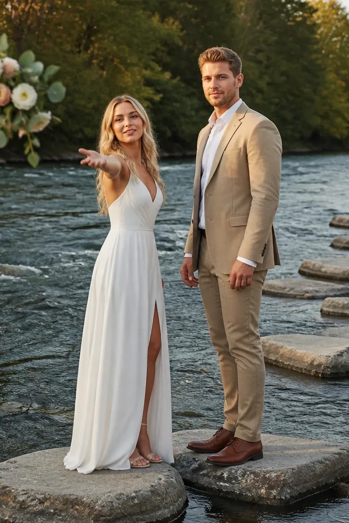 Couple on stepping stones over a river with a bouquet mid-toss
