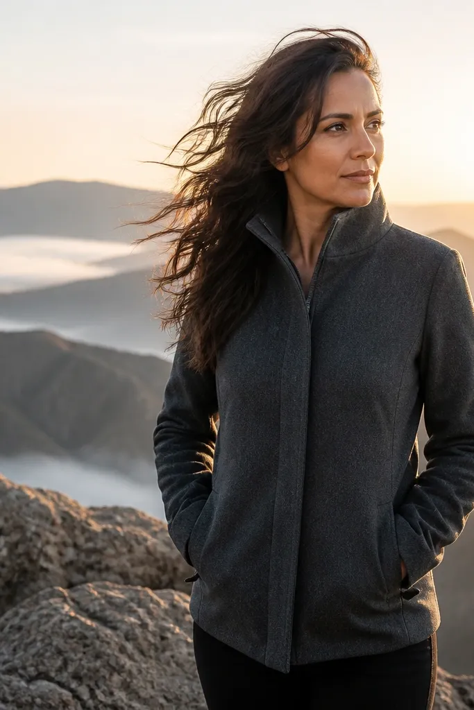 Couple at a mountain overlook with hands in jackets and hair moved by wind