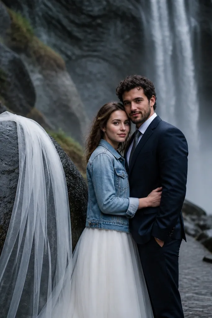 Couple near a waterfall with a veil draped over a rock edge