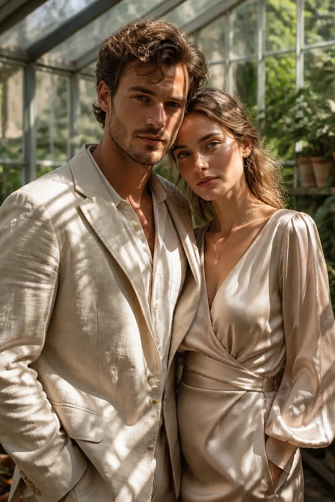 Couple in a greenhouse with sunbeams coming through glass panels