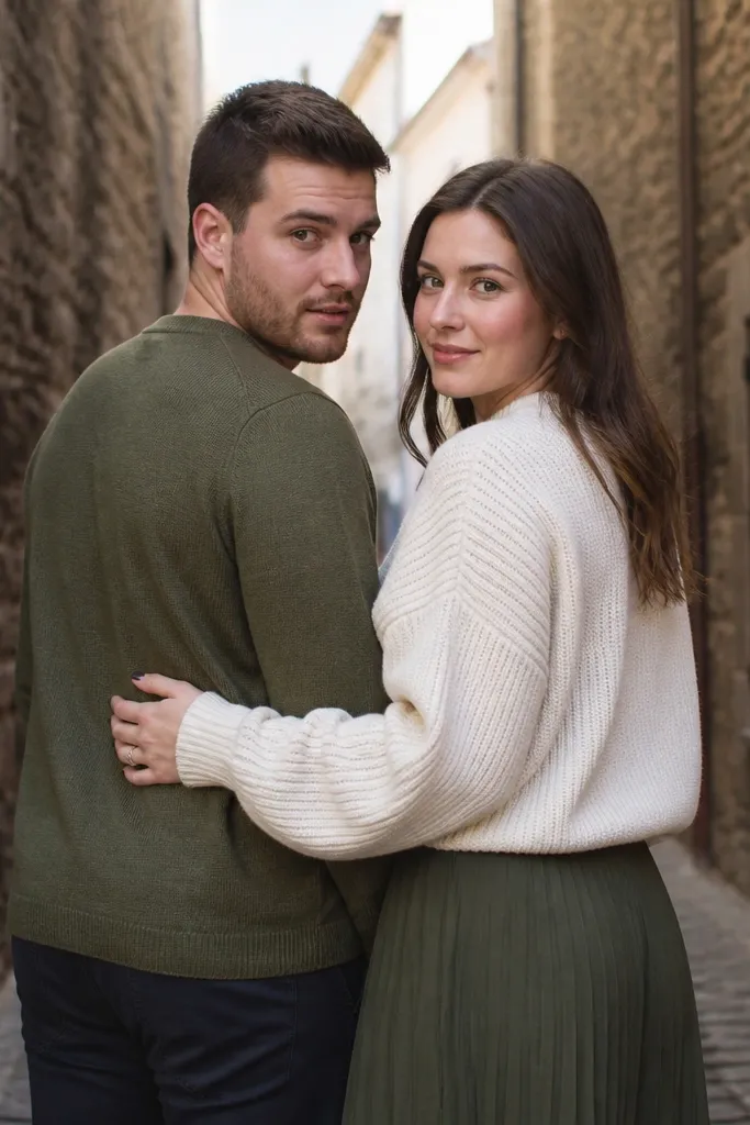 Couple on cobblestones in a narrow alley doing a slow turn under soft light
