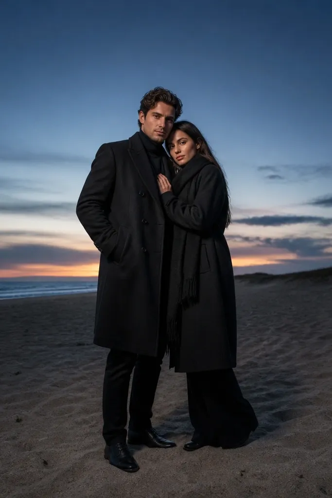Couple walking on beach dunes at blue hour with soft silhouettes