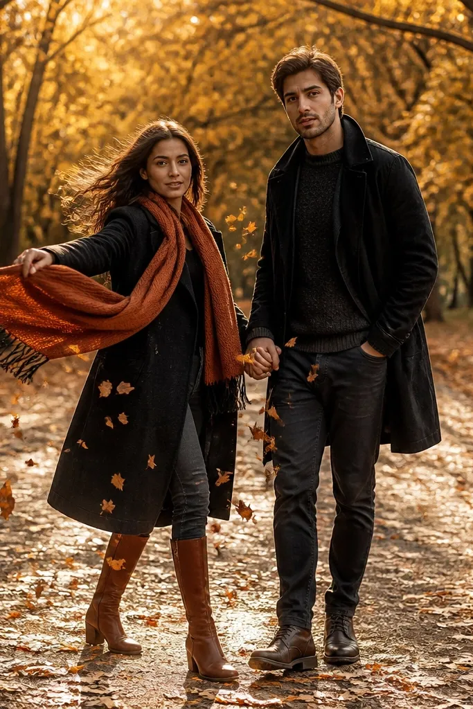 Couple walking on an autumn path with scarves swinging and leaves swirling