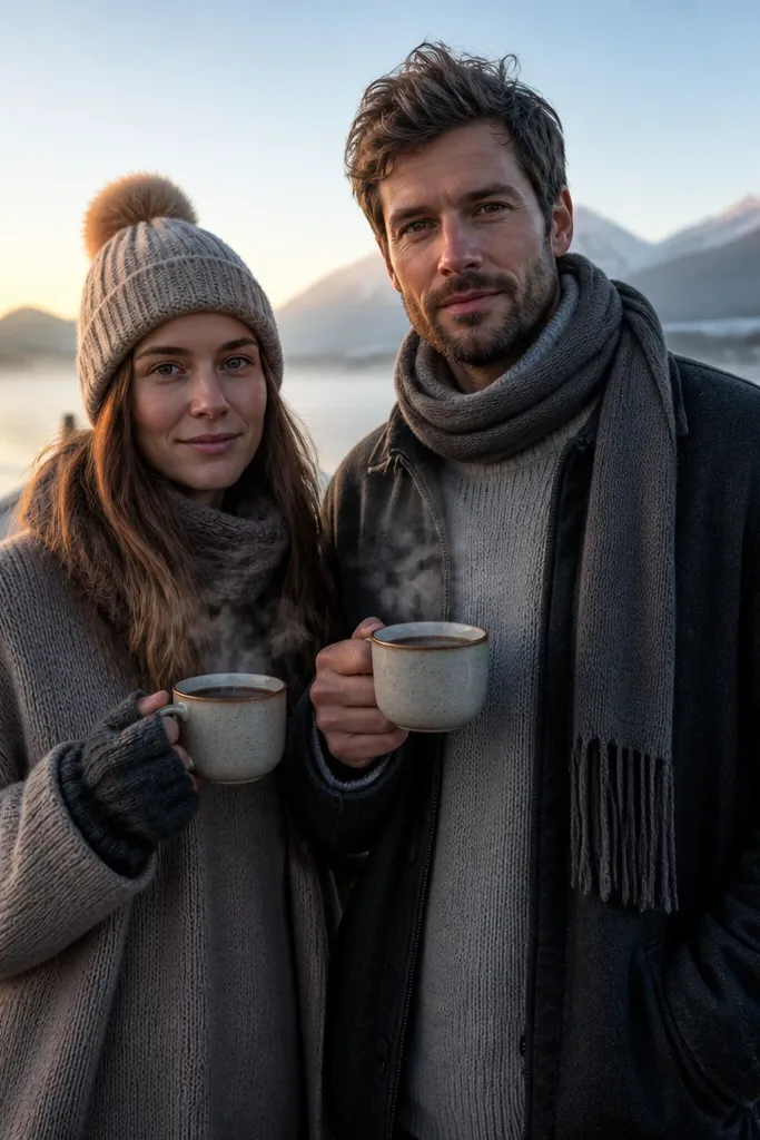 Couple on a pier at dawn holding warm drinks with visible steam