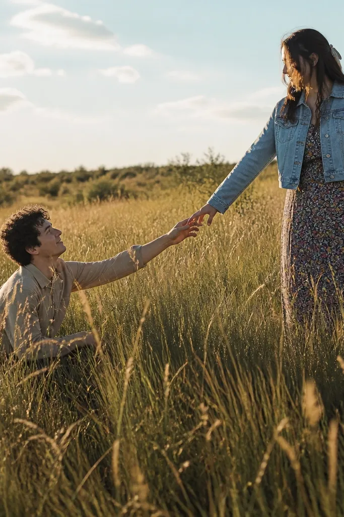 Couple in tall meadow grass with one person crouching and reaching a hand