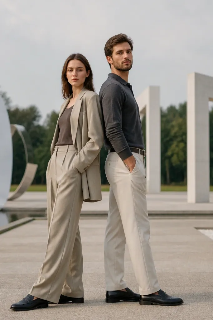 Couple posing in front of outdoor sculptures with mirrored stances