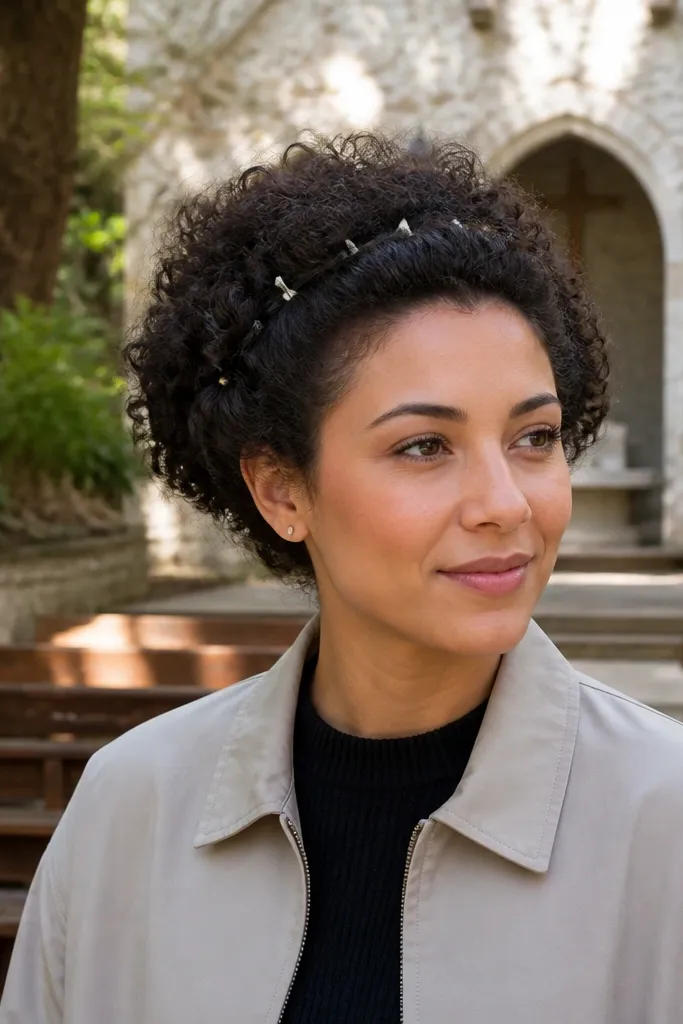 Soft curly half-up hairstyle with a high crown and small pins holding the front