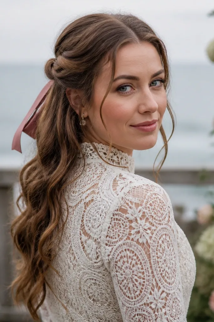 Short curly hair half-up with two twists tucked back and a small ribbon tie