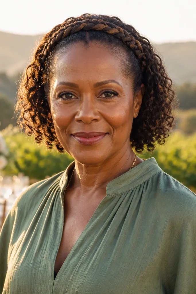 Curly short hair half-up with a thin braided halo across the top