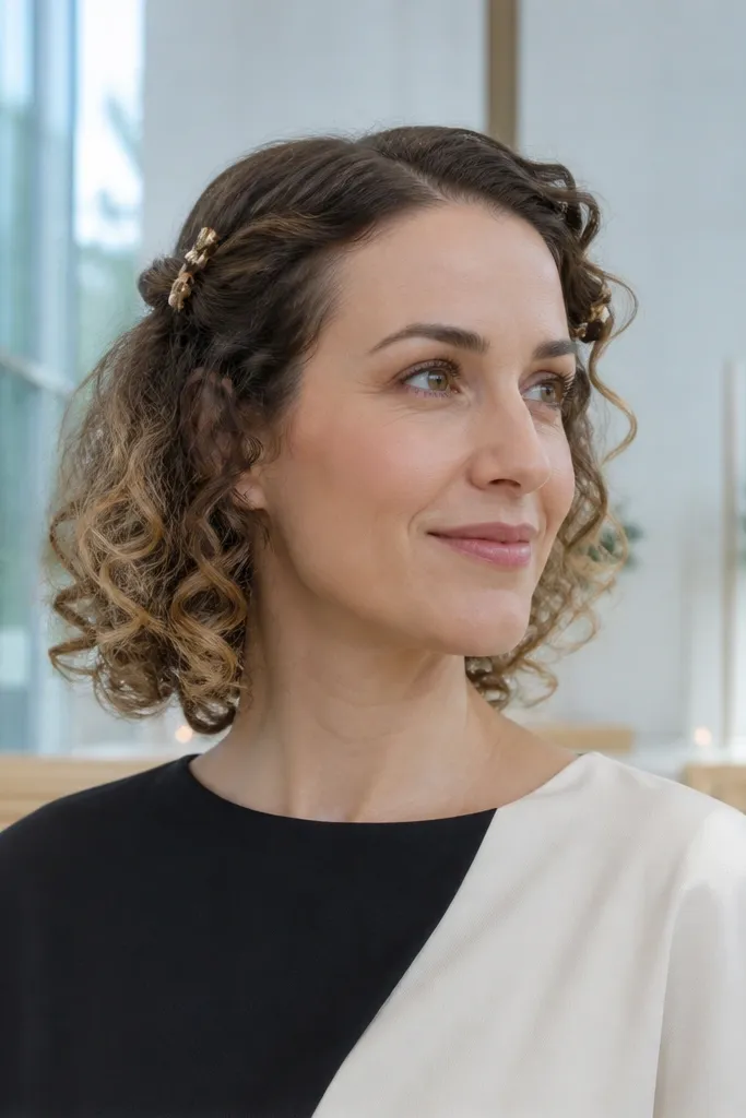 Half-up curly short hair with small clips and flowing curl sections