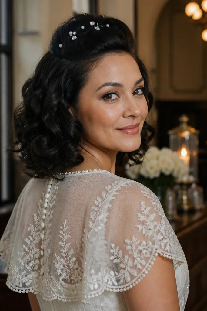 Short curly hair half-up with a rolled curl bump at the crown
