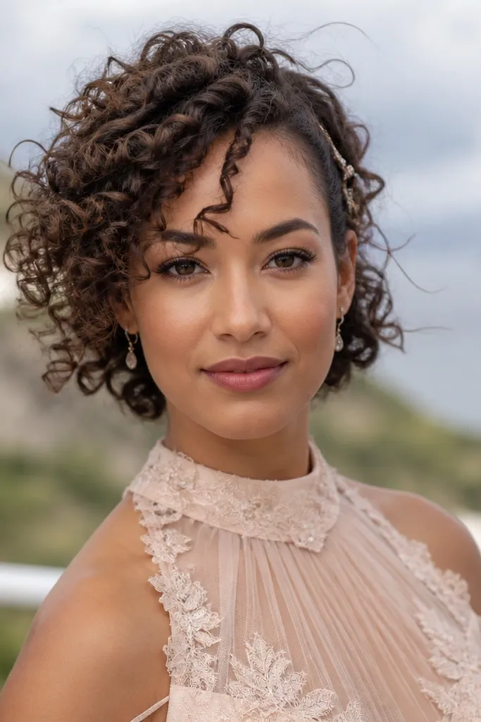Side-swept half-up curly hair with pins placed to support a veil