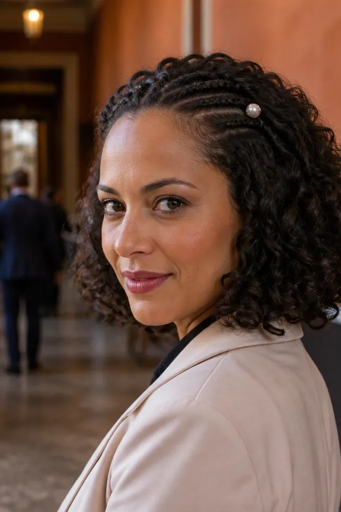 Short curly hair half-up with a thin micro braid crown and loose curls down