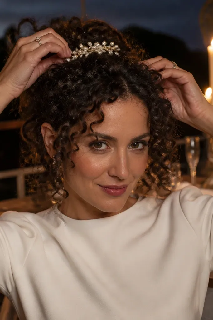 Soft curly half-up held with a cluster of pearl pins at the crown