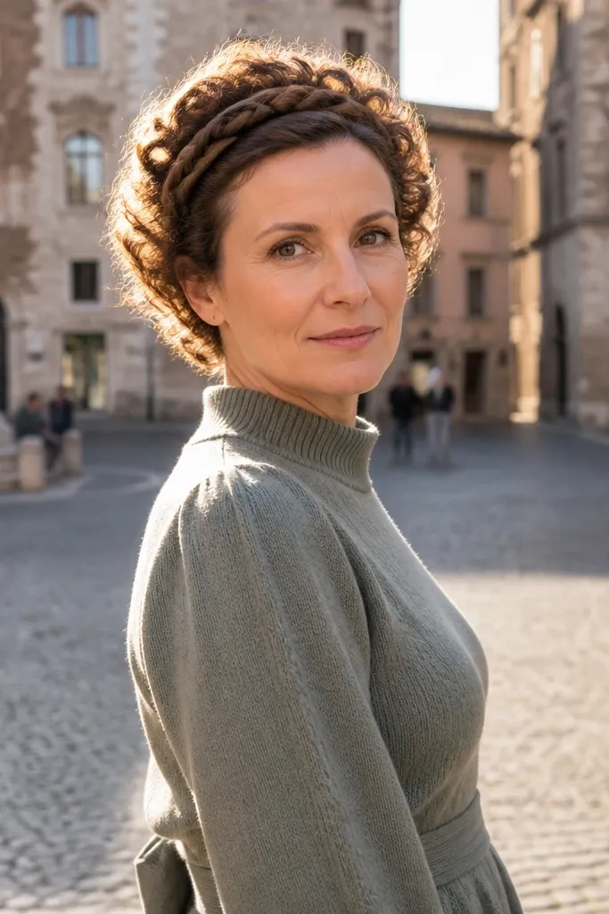 Curly short hair half-up with a twisted headband effect across the crown