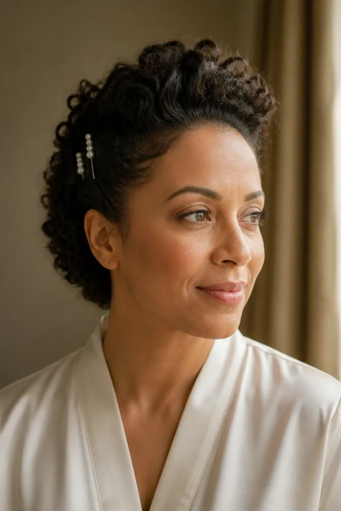 Short curly half-up with a lifted pompadour bump and soft pins