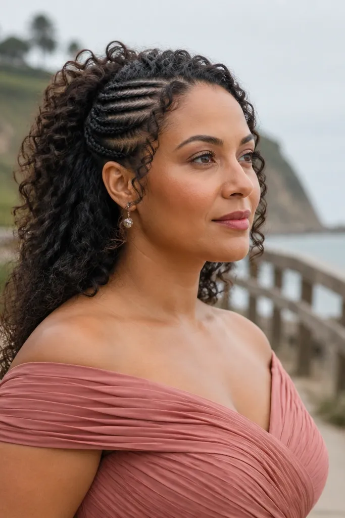 Short curly hair half-up with two small braided sections at the sides