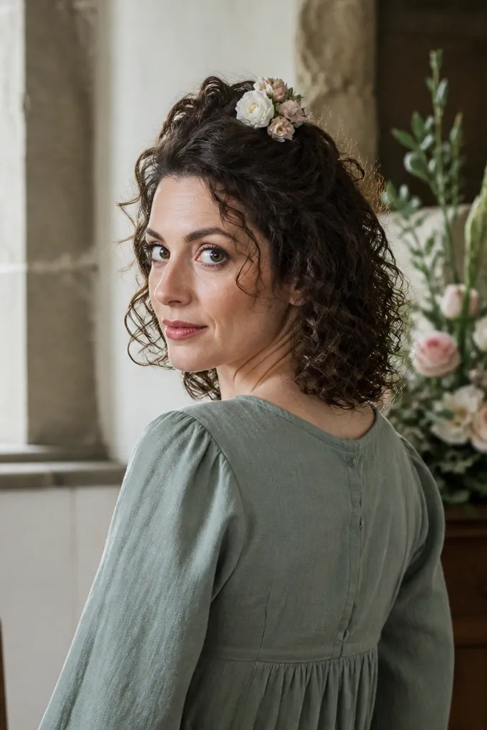 Short curly half-up with a twist bump and a small floral pin at the center